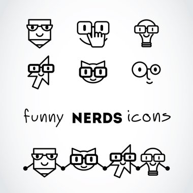 Nerds icon set with funny faces in glasses: clipart