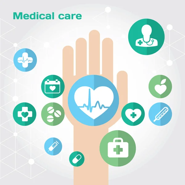 Cuidado médico icono plano composición con la mano — Vector de stock