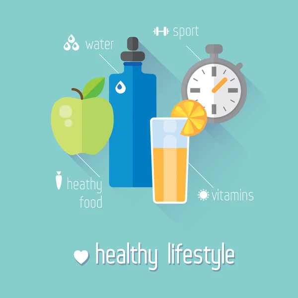 Healthy lifestyle flat illustration. Food, water and sport — Stock Vector
