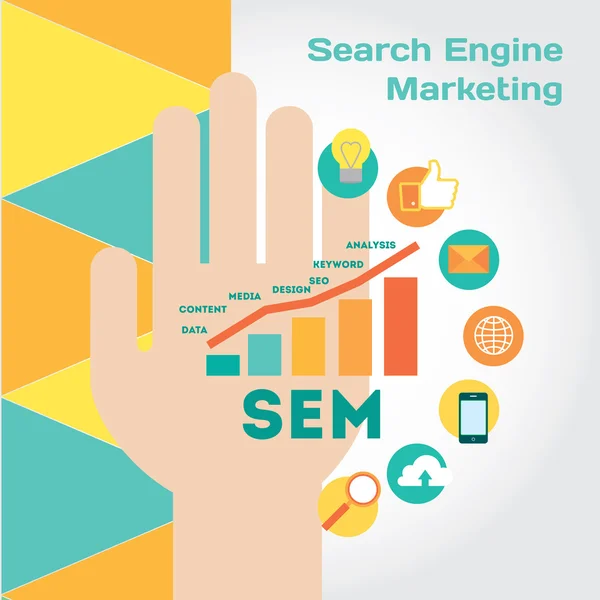 Mänsklig hand med search engine marketing element ikonen Ange. — Stock vektor