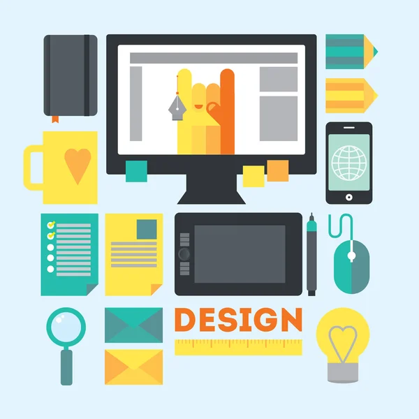 Designer's werkruimte en stuff. moderne werkplek voor webdesigner in creatieve proces of het proces van ontwikkeling. moderne vectorillustratie in vlakke stijl. — Stockvector