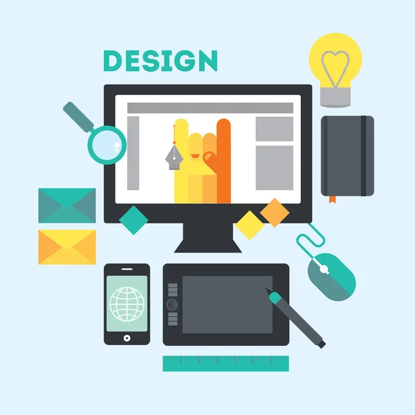 Espacio de trabajo del diseñador y esas cosas. El lugar de trabajo moderno del diseñador web en el proceso creativo o el proceso de desarrollo. Ilustración vectorial moderna en estilo plano . — Vector de stock