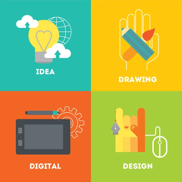 Designer's proces van werk van idee tot gevolg. idee, hand tekenen, digitale tekening, ontwerp. moderne vectorillustratie in vlakke stijl. — Stockvector