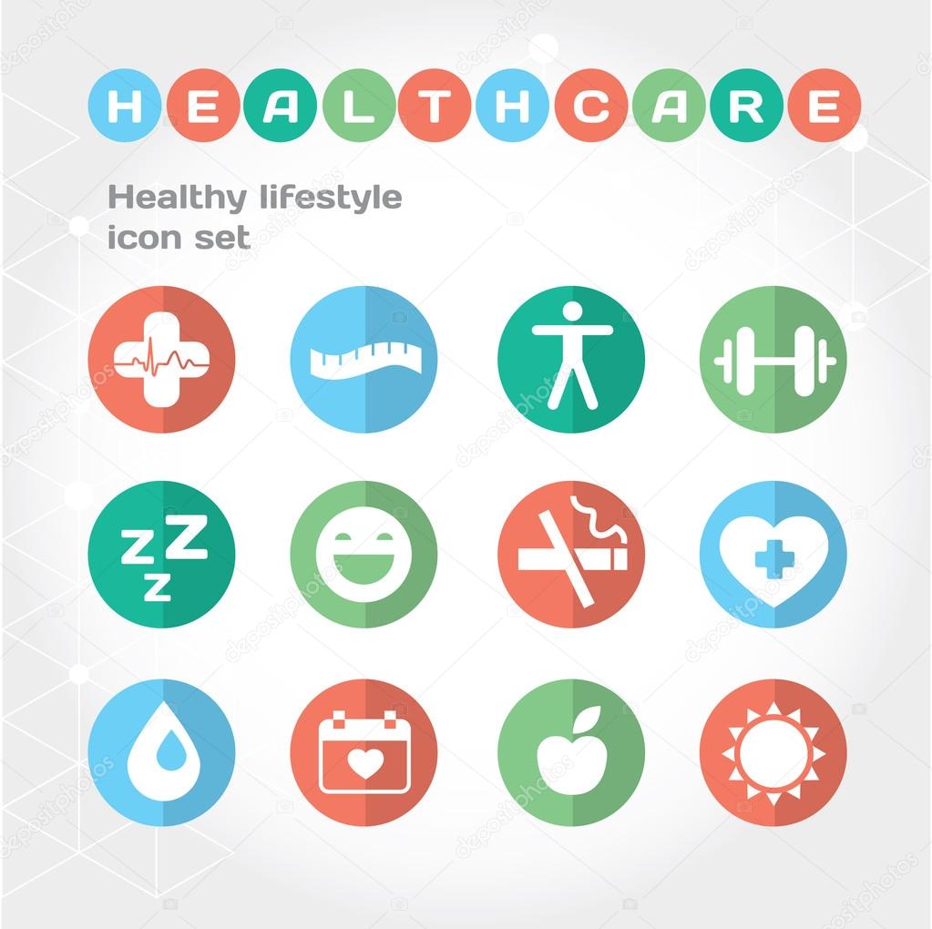 Healthy lifestyle flat round icon set.