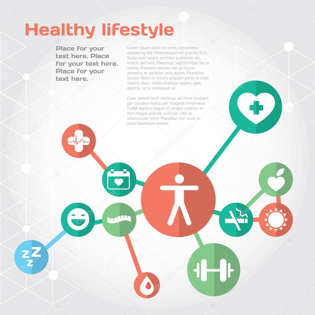 Healthy lifestyle background with flat icon set and place for text