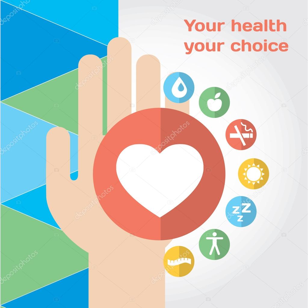 Healthy lifestyle composition with hand and flat icon set