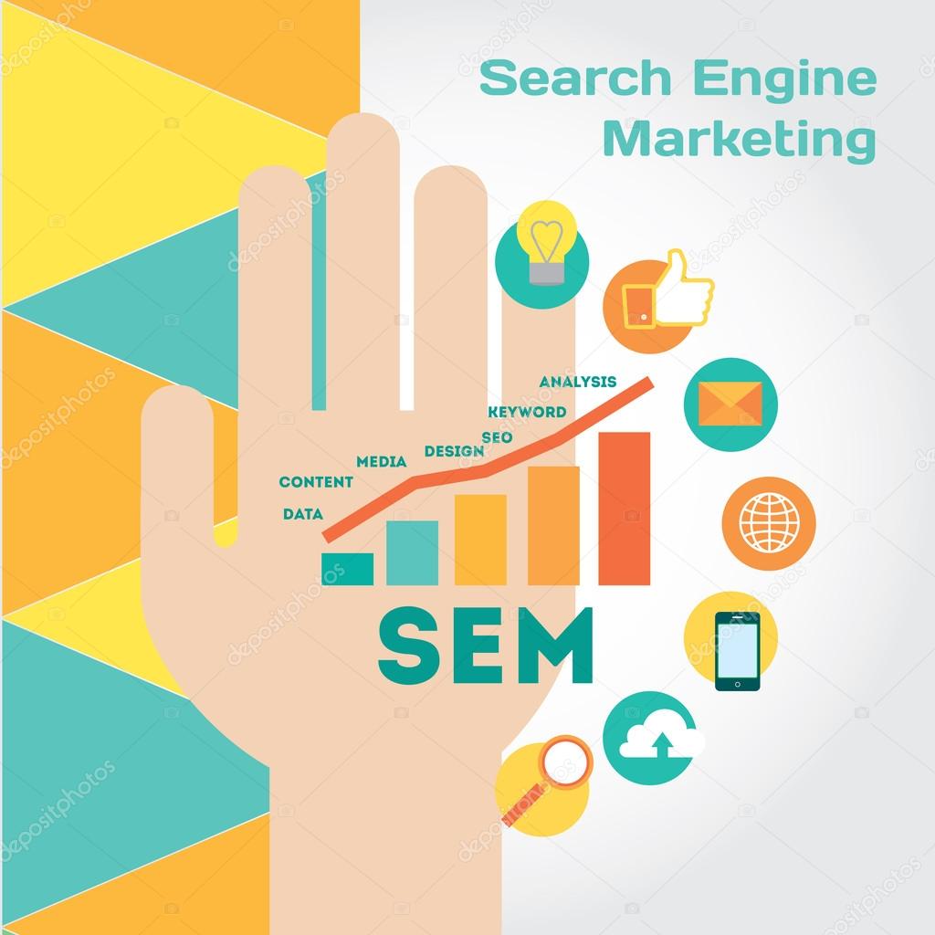Human hand with search engine marketing elements icon set.