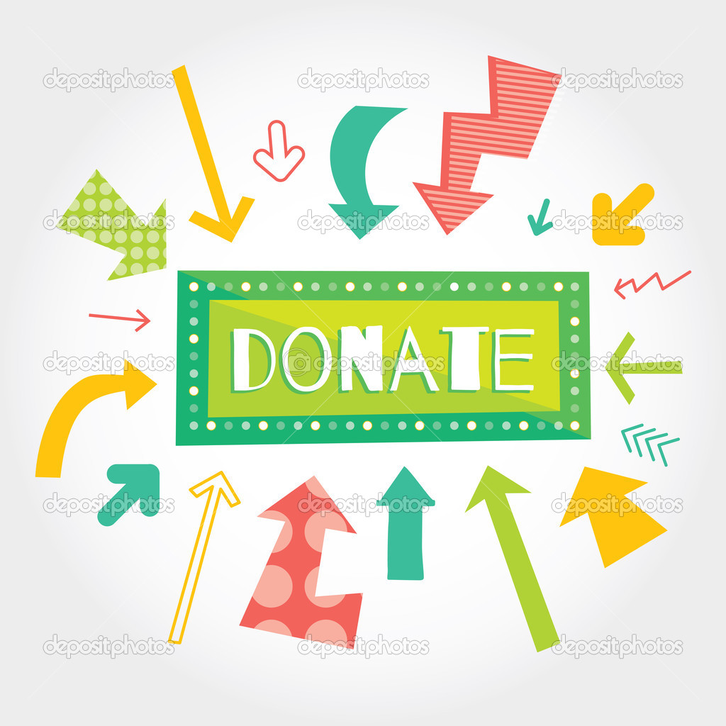 Donate green button with colorful arrows pointing on it. White background.