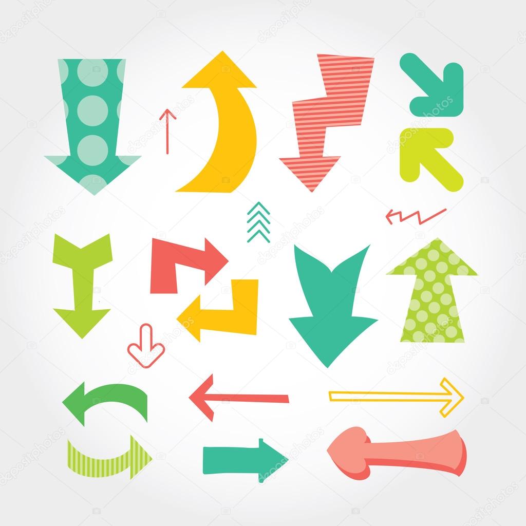 Hand drawn set of colorful arrows different forms and colors on white background.