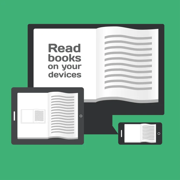 Lectura de libros en dispositivos móviles electrónicos . — Vector de stock