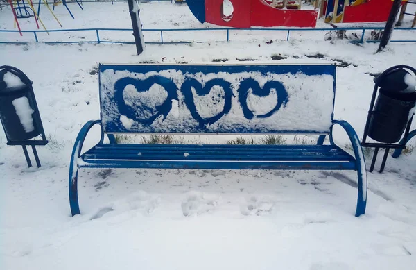 Bench Snow Three Hearts Valentine Day Concept — Stock Photo, Image