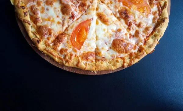 Half Delicious Pizza Black Table Background — Foto Stock
