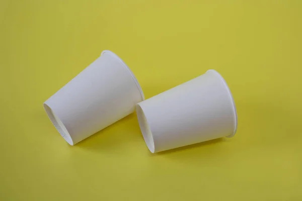 Two White Paper Cups Yellow Background — Fotografia de Stock