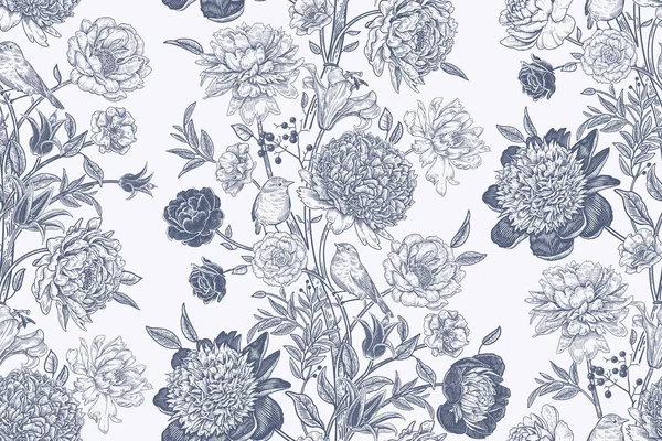 Modèle Sans Couture Vintage Fond Noir Blanc Des Fleurs Jardin — Image vectorielle