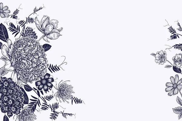 Frumoase Flori Grădină Cardul Epocă Bujori Hortensie Ierburi Decorative Frunze — Vector de stoc
