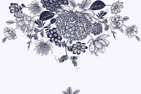 Prachtige Tuinbloemen Vintage Kaart Pioenrozen Hortensia Sierkruiden Bladeren Vector Illustratie — Stockvector