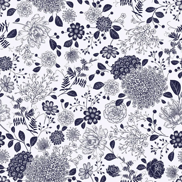 Modèle Sans Couture Vintage Fond Floral Noir Blanc Fleurs Herbes — Image vectorielle