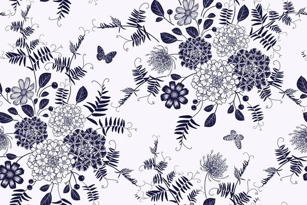 Modèle Sans Couture Vintage Fond Floral Noir Blanc Fleurs Herbes — Image vectorielle