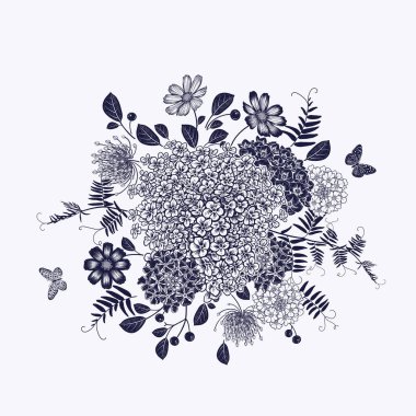 Güzel çiçeklerden oluşan klasik bir buket. Papatya, ortanca, böğürtlen ve yapraklı dallar, dekoratif otlar. Vektör çizimi. Siyah ve beyaz. Moda tasarımı için lüks dekor, düğün teması.