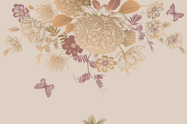Flori Frumoase Fluturi Cardul Epocă Bujori Hortensie Ierburi Decorative Frunze — Vector de stoc
