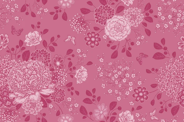 Vintage Nahtlose Muster Floraler Hintergrund Gartenblumen Und Schmetterlinge Rote Farbe — Stockvektor