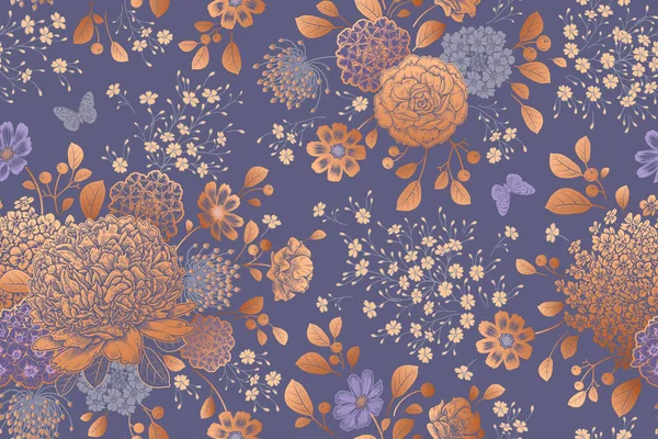 老式无缝图案 植物的背景 花园的花朵和蝴蝶 金箔印刷 维多利亚风格 纺织品 墙纸装饰 装饰的封面 — 图库矢量图片