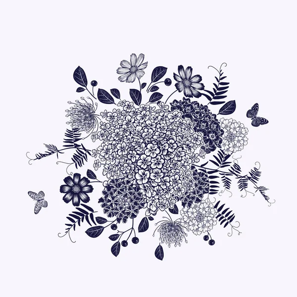 Ramo Vintage Hermosas Flores Manzanilla Hortensias Ramas Con Bayas Hojas — Vector de stock