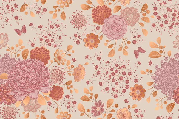 Padrão Sem Costura Vintage Fundo Floral Flores Jardim Borboletas Gráficos —  Vetores de Stock