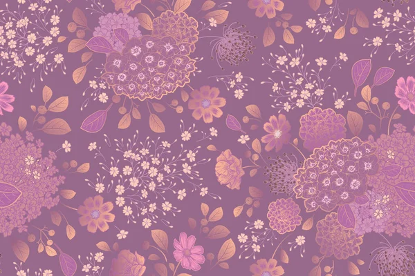 Винтажный Бесшовный Рисунок Цветочный Фон Садовые Цветы Травы Сирень Ручная — стоковый вектор