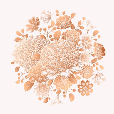 Güzel çiçeklerden oluşan klasik bir buket. Şakayıklar, ortancalar, böğürtlen ve yapraklı dallar, dekoratif otlar. Vektör çizimi. Altın ve beyaz. Moda tasarımı için lüks dekor, düğün teması.