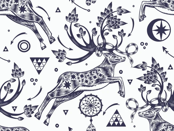 鹿儿在幻想的花园里长出了鹿角 动物无缝图案 梦想捕手 符号和标志 黑人和白人 纺织品模板 — 图库矢量图片