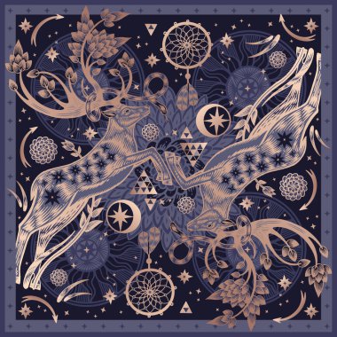 Fantezi ormanında filizlenmiş geyik boynuzları. İşaretler, semboller. Rüya yakalayıcı, güneş, yıldızlar, ağaç, çiçekler. Siyah arka planda altın folyoyla basılmış. Eşarplar ve yastıklar için desen. Vektör. Eski.