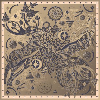 Fantezi ormanında filizlenmiş geyik boynuzları. İşaretler, semboller. Rüya yakalayıcı, güneş, yıldızlar, ağaç, çiçekler. Altın folyo ve siyah. Eşarplar ve yastıklar için desen. Vektör. Eski.