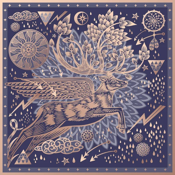 発芽した釣り人と翼を持つ鹿 ドリームキャッチャー 濃い青の背景に金箔で印刷 スカーフ 枕のパターン ベクトル ヴィンテージ — ストックベクタ