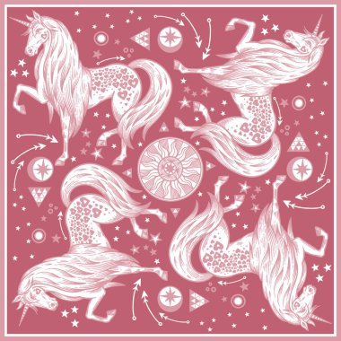 Tek boynuzlu atlar. Oklar, yıldızlar, kalpler ve güneş. Hayvan deseni. Vektör çizimi. Vintage oyma. Kırmızı ve beyaz arka plan. Şallar, yastıklar, iç mekan için şablon.