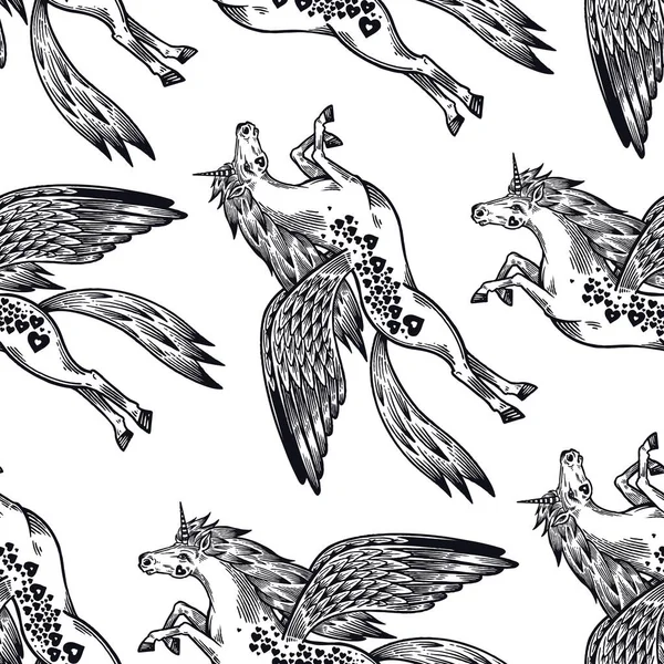 独角兽 有翅膀的马动物无缝图案 矢量图解 复古版画 黑色和白色背景 纺织品模板 — 图库矢量图片