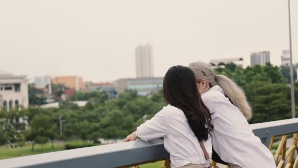 Asyalı Lezbiyen Çiftler Köprüde Dikilirken Seyahat Etmekten Konuşmaktan Zevk Alıyorlar — Stok video