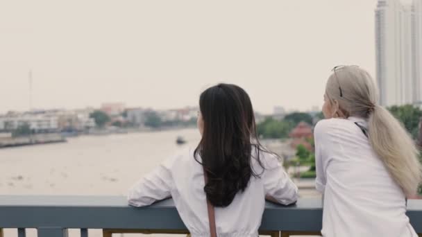 Повертаючись Азіатських Лесбійських Пар Які Насолоджуються Подорожами Розмовами Стоячи Мосту — стокове відео