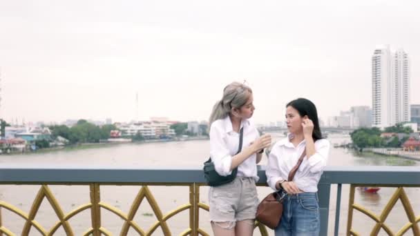 Asiático Lesbianas Parejas Disfrutando Viajar Hablar Mientras Está Pie Puente — Vídeos de Stock