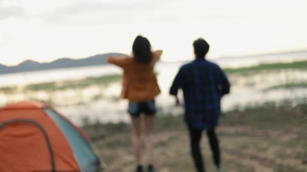 Asian Couple Campers Running Holding Hands Jumping Celebrating Successful Climb — Stock Video