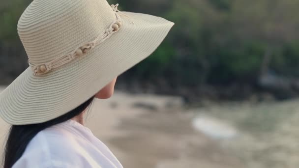 งเอเช าสนใจสวมหมวก Fedora นอย บนชายหาดมองไปท วทะเลพระอาท ตกท สวยงาม องเท ยวช — วีดีโอสต็อก