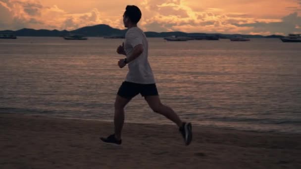 Silueta Atletas Asiáticos Corriendo Ejercicio Afuera Playa Durante Hermoso Cielo — Vídeo de stock