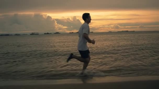 Atractivo Joven Deportista Asiático Corriendo Ejercicio Afuera Playa Durante Hermoso — Vídeo de stock