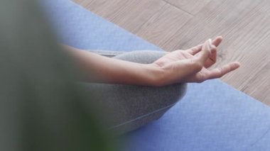 Ellerinizi kapatın. Egzersiz yapan Asyalı kadınlar evdeki oturma odasında hayati önem taşıyor ve meditasyon yapıyorlar. Sağlıklı ve yoga kavramı.