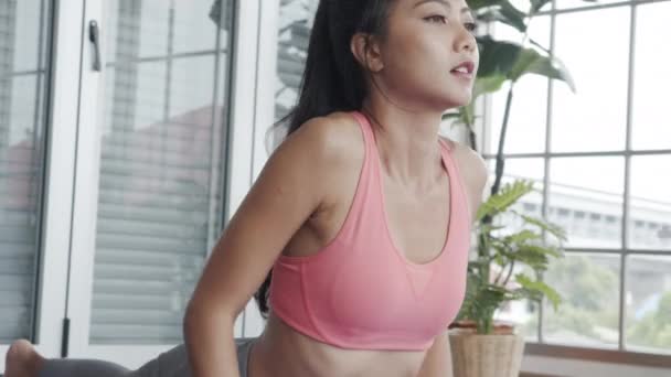 Close Beautiful Asian Female Sportswear Doing Stretching Yoga Exercise Workout — Stock Video