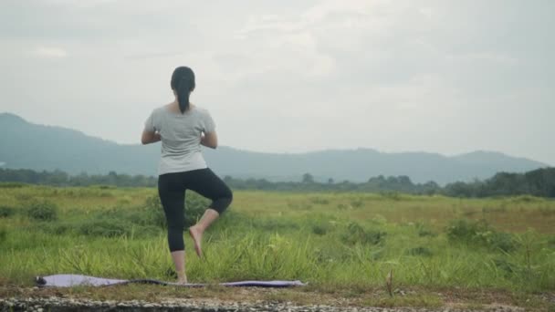 Gyönyörű Ázsiai Jóga Gyakorló Meditáció Végző Spirituális Jóga Pózt Hegyi — Stock videók