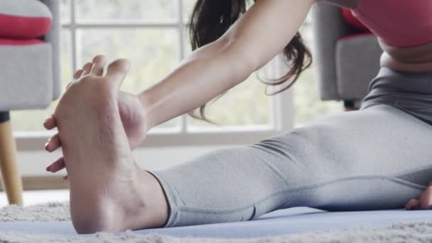 Kaukasische Aziatische Vrouw Doen Plank Oefening Yoga Workout Woonkamer Thuis — Stockvideo