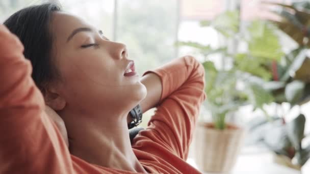 Stressed Asian Businesswoman Working Office Feels Exhausted Caucasian Employees Rest — Stock Video