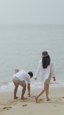 Dikey Video: Asyalı aşık çift tatilde sahilde mutlu mesut eğleniyor, Kafkasyalı çift mutlu bir şekilde gülümsüyor ve deniz kenarında eğleniyor..