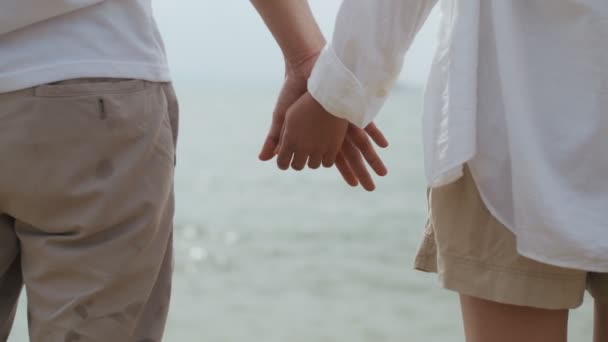 Close Asian Para Korzystających Romantyczny Zachód Słońca Plaży Trzymając Się — Wideo stockowe